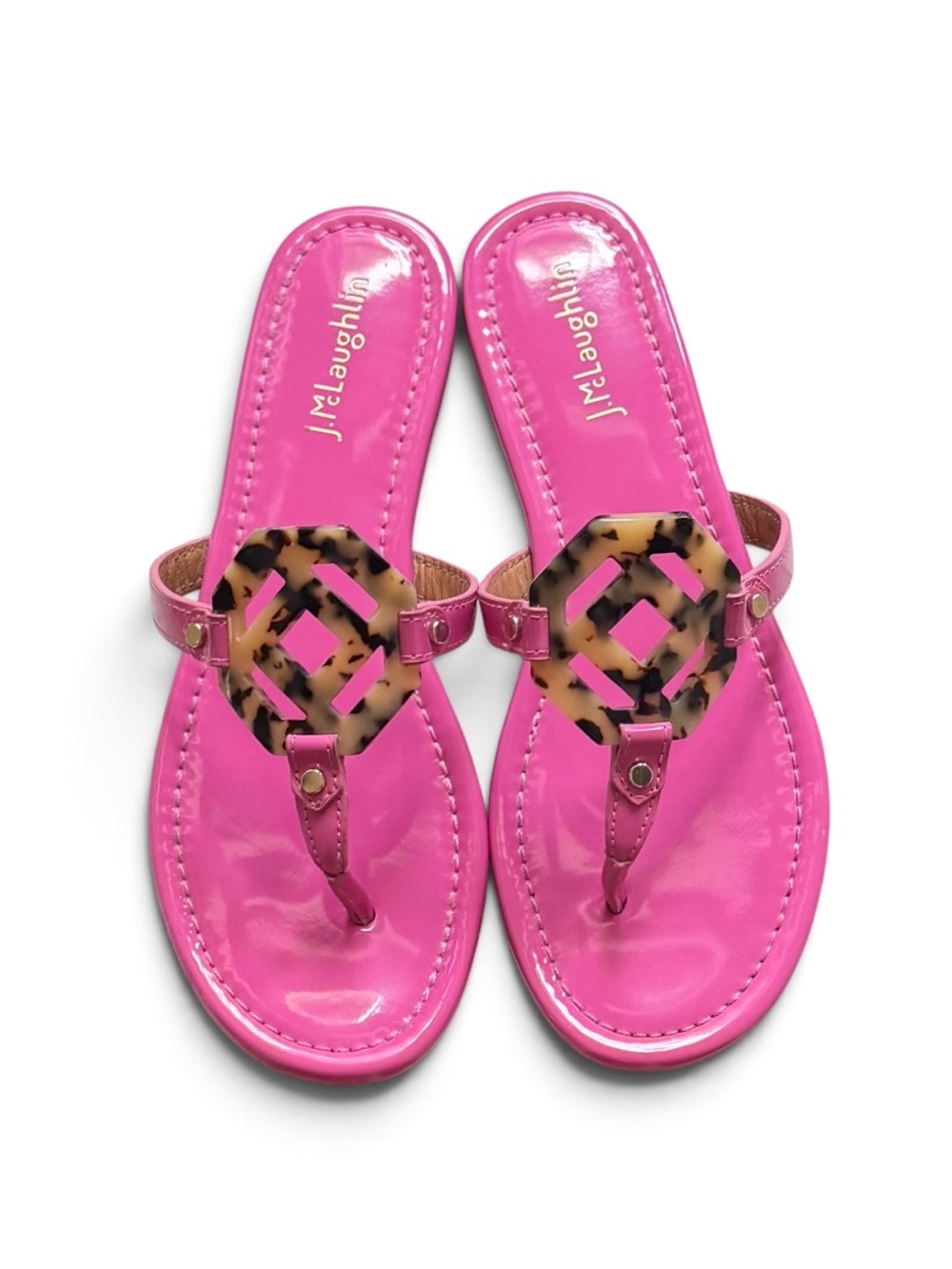 J.McLaughlin Hot Pink Patent Leather Tortoiseshell Medallion Thong Sandals w/Box